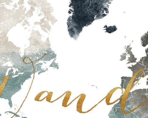 Artistic representation of a world map with watercolor effects and gold lettering.