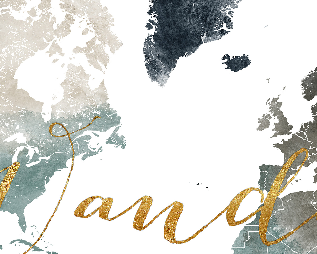 Artistic representation of a world map with watercolor effects and gold lettering.