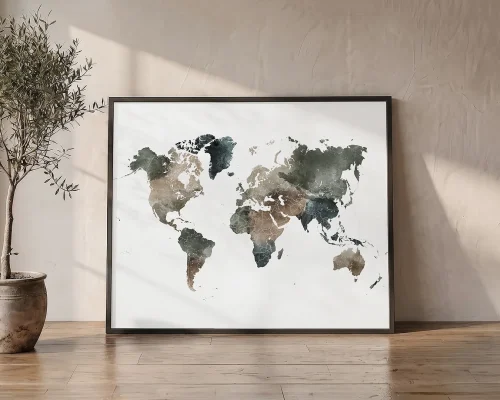 World Map Art Prints in Earthy Watercolors | ArtPrintsVicky