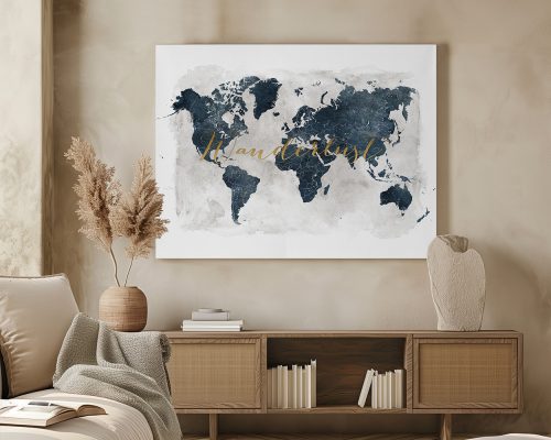 World map with blue watercolor design and gold lettering on a white background.