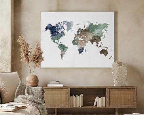 Watercolor world map featuring various shades of blue, green, and brown on a light background.