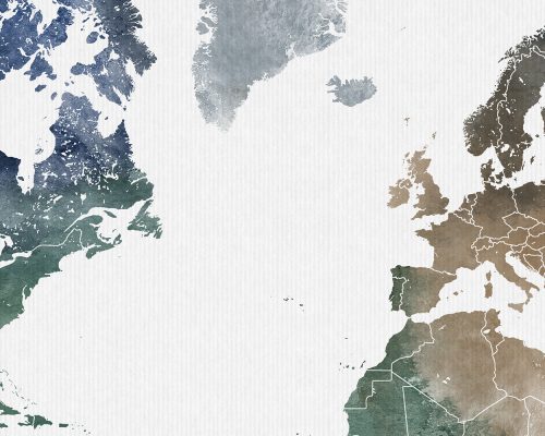 Watercolor-style world map featuring various shades of blue, green, and brown across continents.