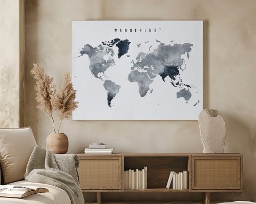Artistic world map in shades of gray with the word 'Wanderlust' at the top.