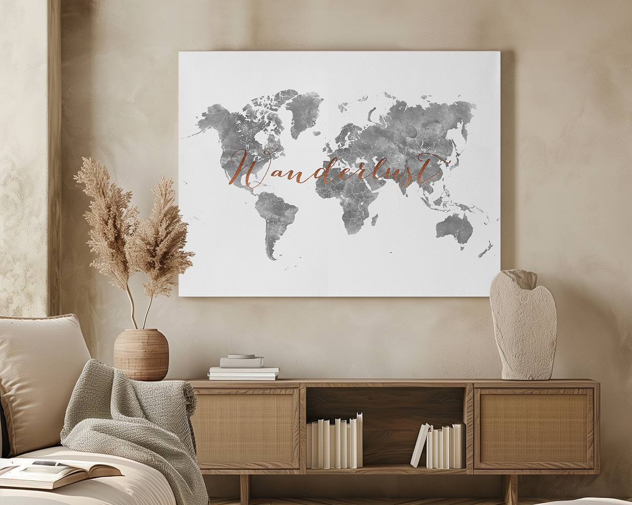 World map in gray tones with the word 'Wanderlust' in copper script across the center.