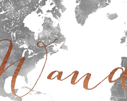 Artistic representation of a world map featuring calligraphic text in a copper color.