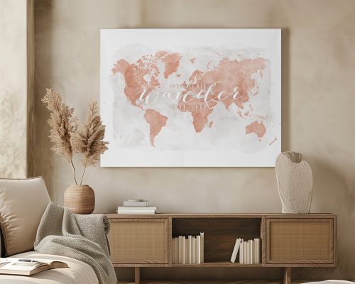 Artistic world map with a watercolor effect in soft colors and the word 'wanderlust' prominently displayed.