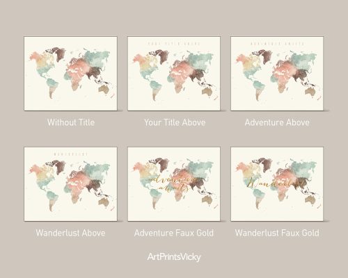 Art print of a world map featuring a watercolor design in soft colors.
