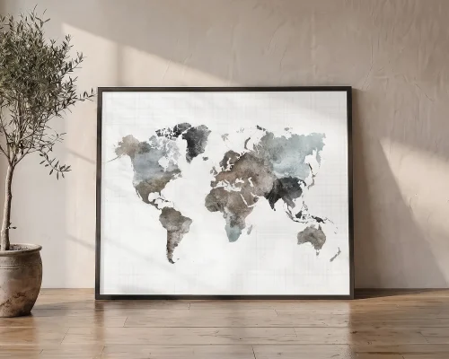 World Map Poster in Soft Urban Watercolors | ArtPrintsVicky