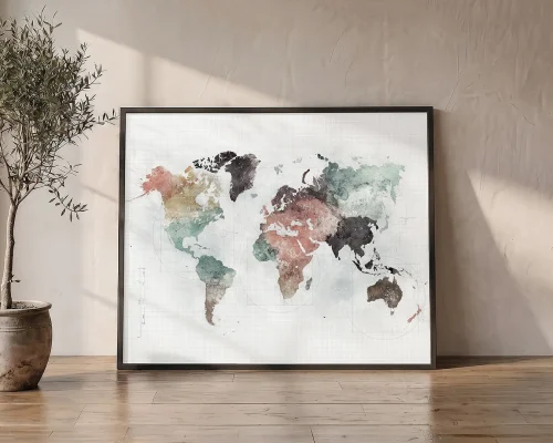 World Map Poster in Urban Watercolors | ArtPrintsVicky