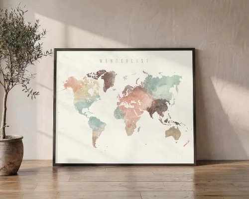 World Map Poster Wanderlust in Warm Pastels | ArtPrintsVicky