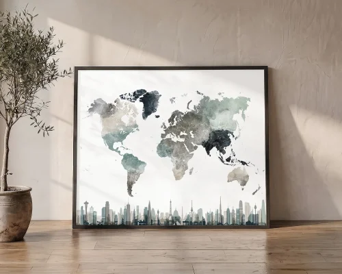 World Map Poster with Cool Tone Landmarks | ArtPrintsVicky