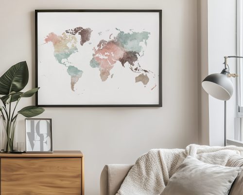 Framed world map artwork featuring soft watercolor tones in various colors.