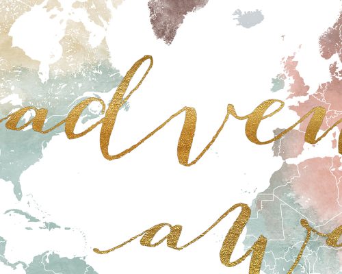 Artistic representation of a world map with a gold text overlay that reads 'adventure'.