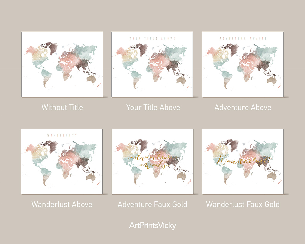 Artistic world map print featuring soft colors and abstract design elements.