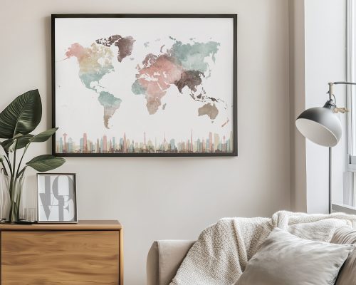 Artistic world map with watercolor effects in various colors, displayed in a framed format.
