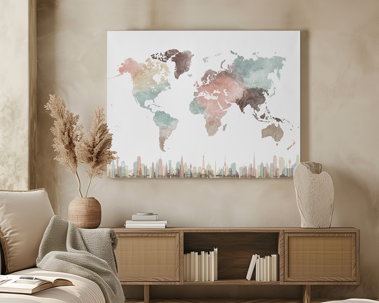 World map illustration featuring various colors and city outlines at the bottom.