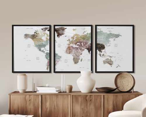 A triptych artwork featuring a world map with muted colors in three framed sections.