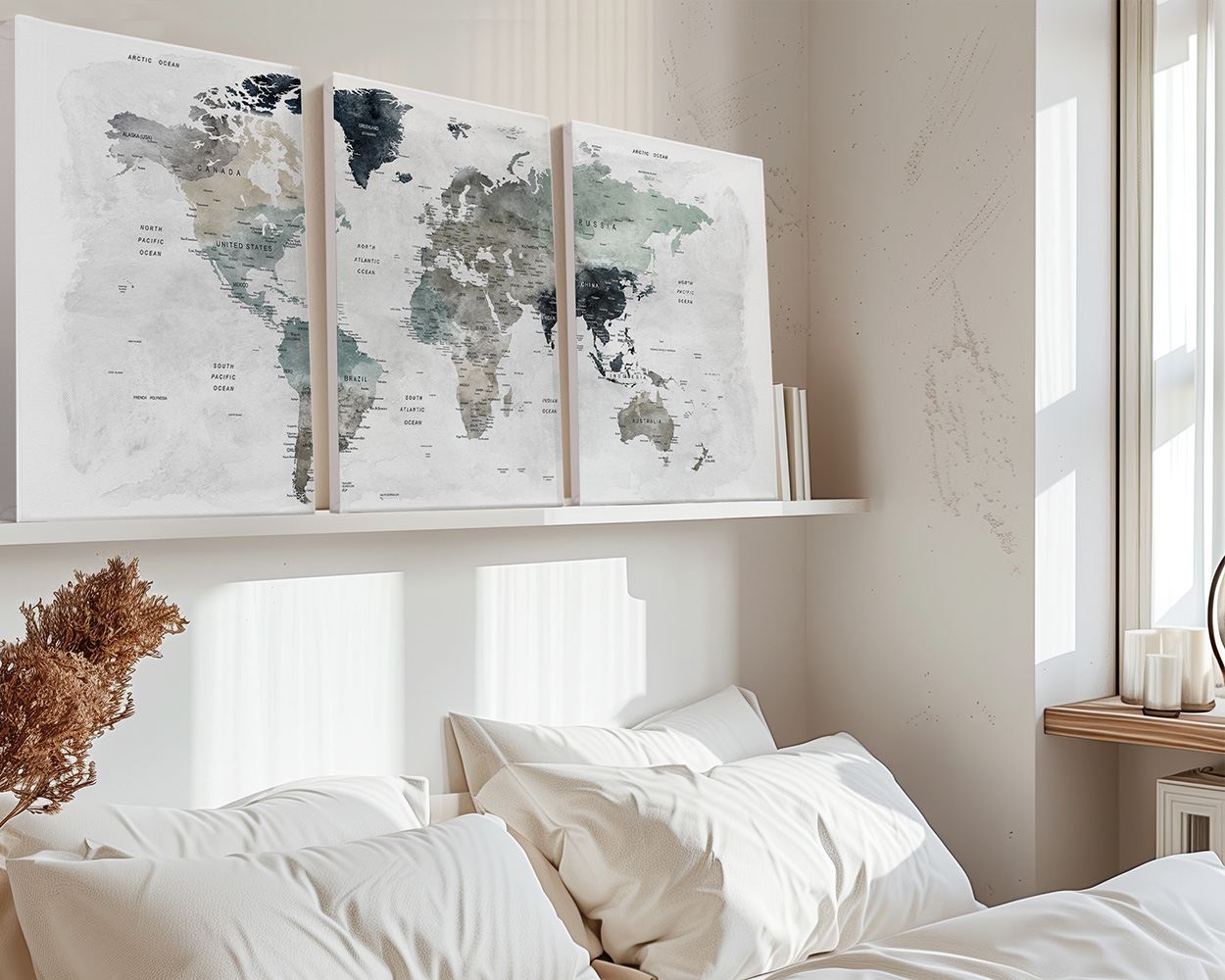 Three-panel world map art print featuring muted colors and labeled countries.