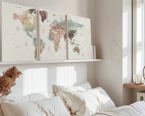 Three-panel world map artwork featuring various colors representing different regions.