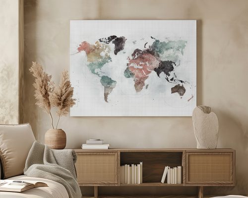 World map featuring watercolor effects in various colors on a light grid background.