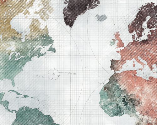 Abstract world map featuring muted colors and grid patterns across continents.