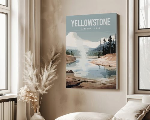 Art print featuring a scenic view of Yellowstone National Park with a river and trees.