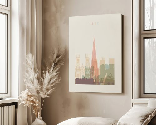 Art print featuring a stylized illustration of York's architectural landmarks in muted colors.
