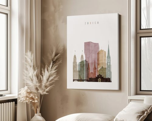 Art print featuring a stylized cityscape of Zurich with notable buildings and a pastel color palette.