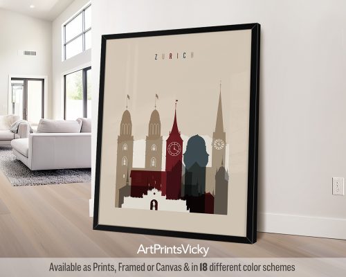 Art print featuring a stylized cityscape of Zurich with notable buildings and clocks.