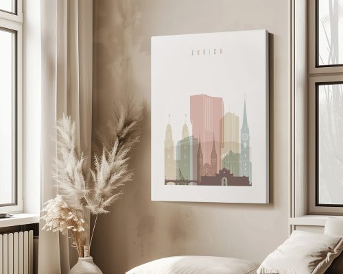 Art print depicting a stylized cityscape of Zurich with notable buildings and pastel colors.