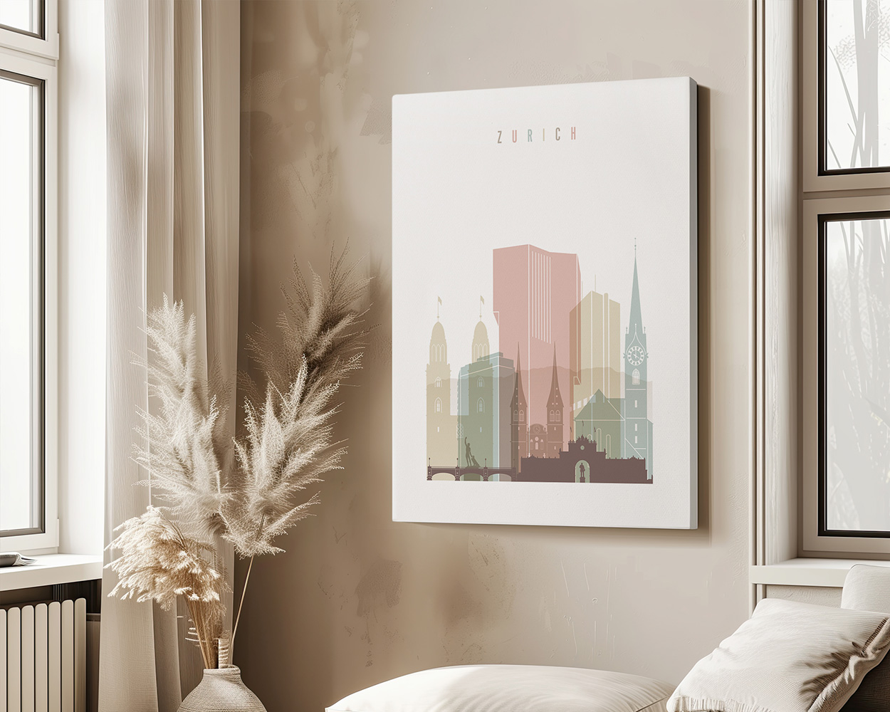 Art print depicting a stylized cityscape of Zurich with notable buildings and pastel colors.