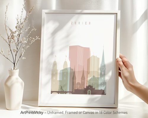 Art print of Zurich skyline featuring various buildings in soft colors within a frame.